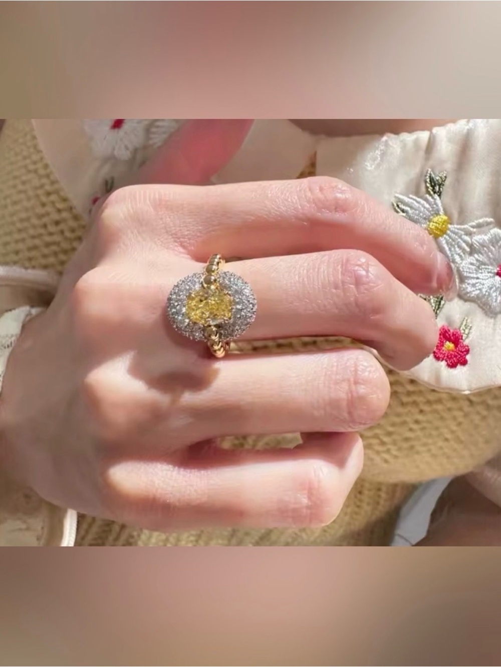 Gold Ring with Yellow Gemstone and Halo Accent - Picture 6 of 6